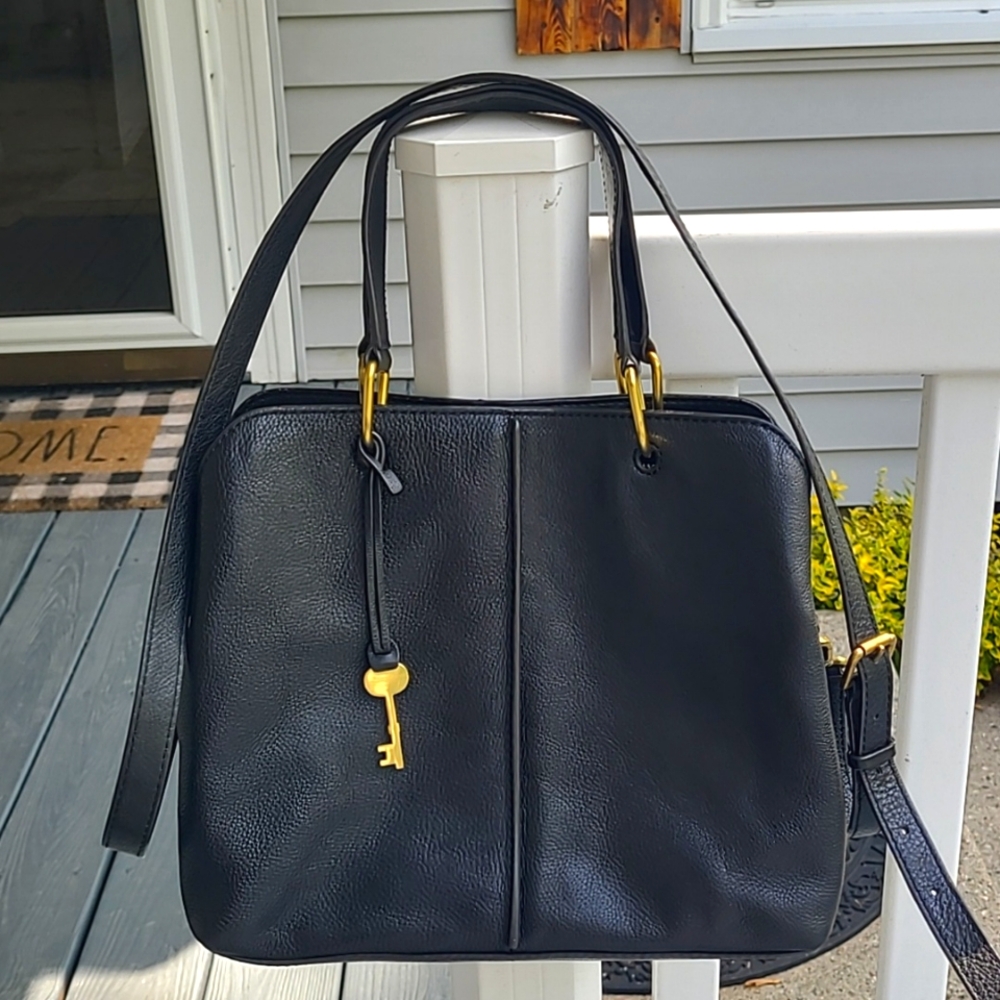 Fossil Black Satchel with Gold Accents